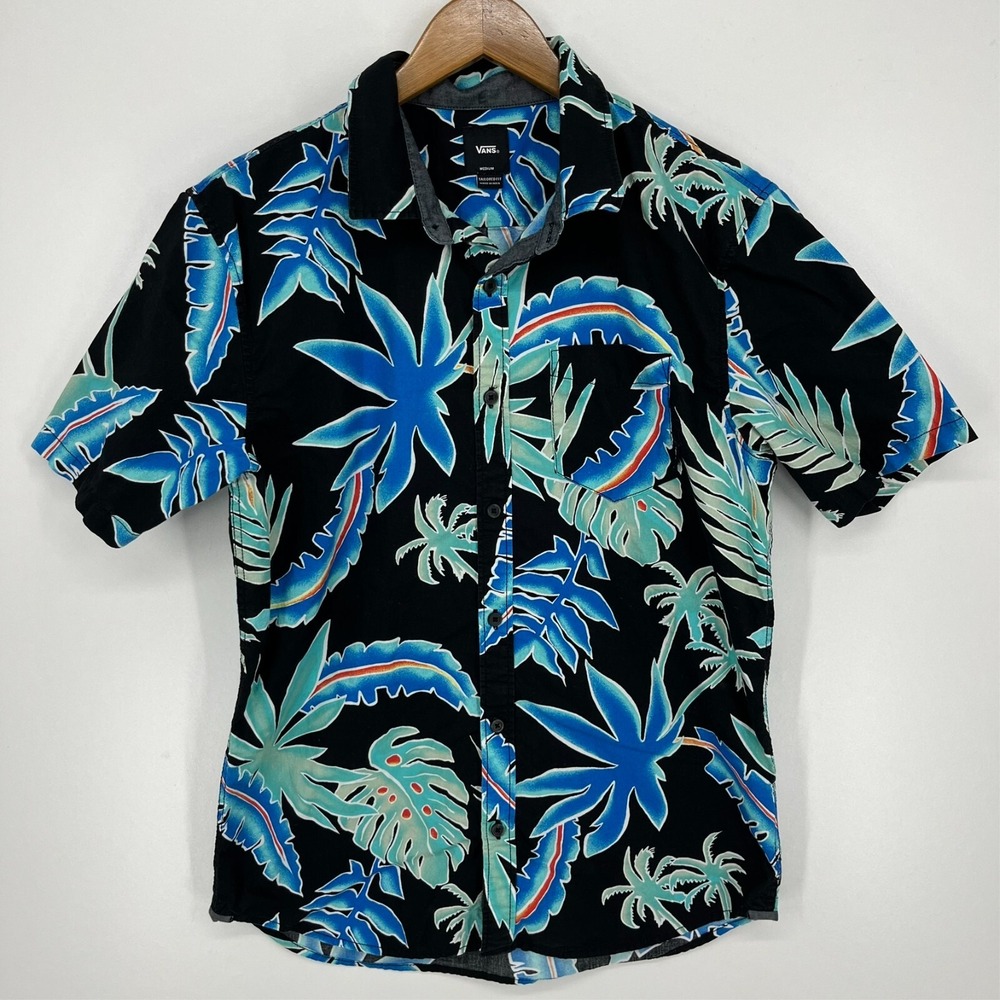 Vans Mens Tailored Fit Tropical Palm Leaf Button Down Shirt Black Blue Medium